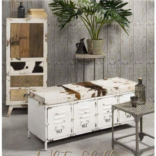 Shabby Chic Cowhide Iron Locker Bench - House of Hyne