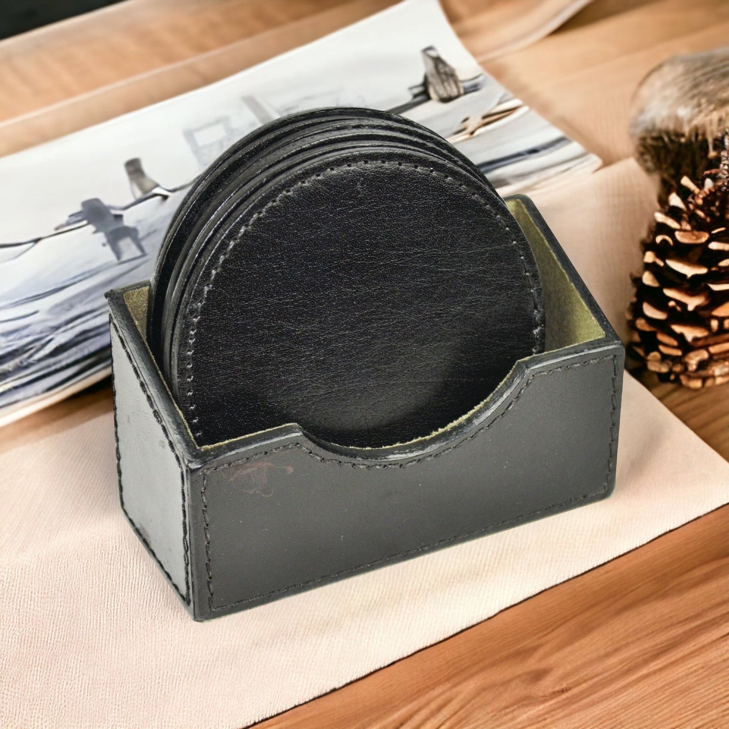 Pindious Black Leather Round Coaster & Holder Set - 7 Pieces - Notbrand