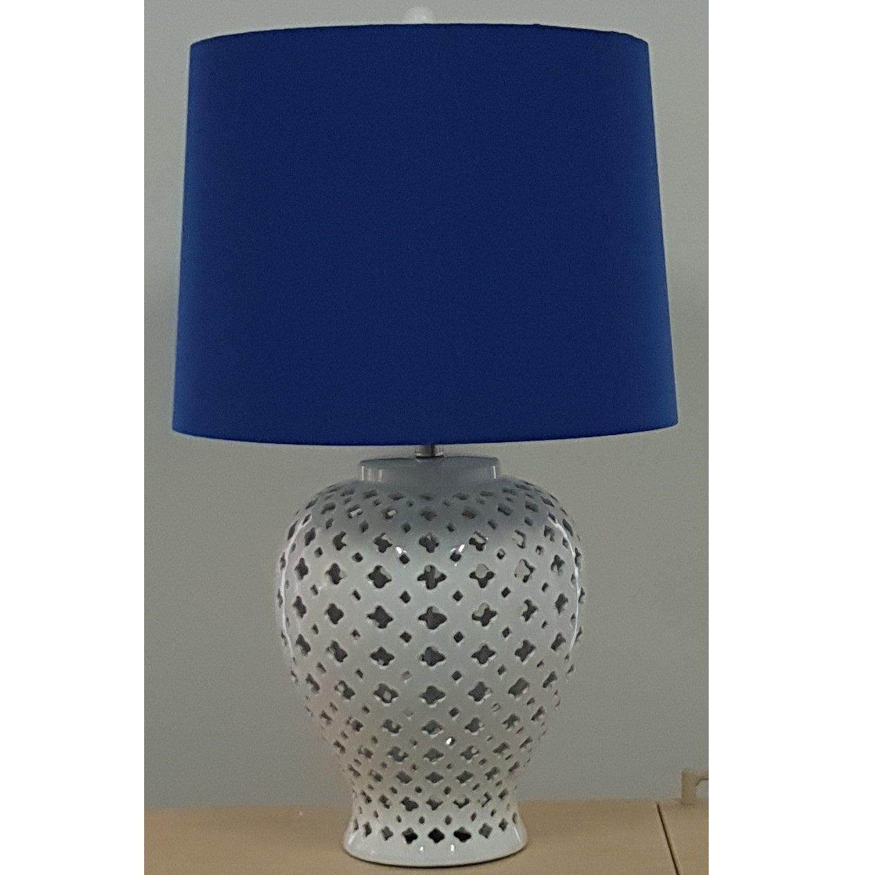 Lattice Tall Antique White Ceramic Table Lamp with Blue Shade - Notbrand