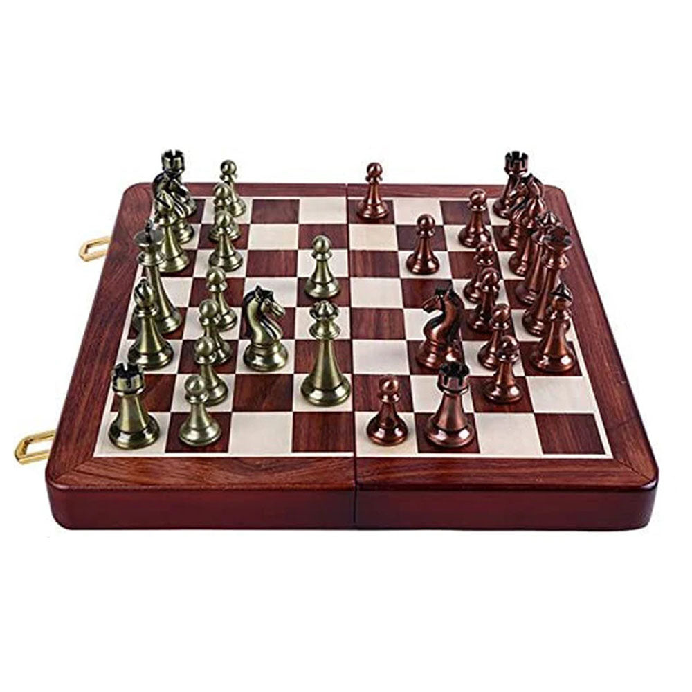 Portable Folding Wooden Chess Board With Metal Pieces - Notbrand