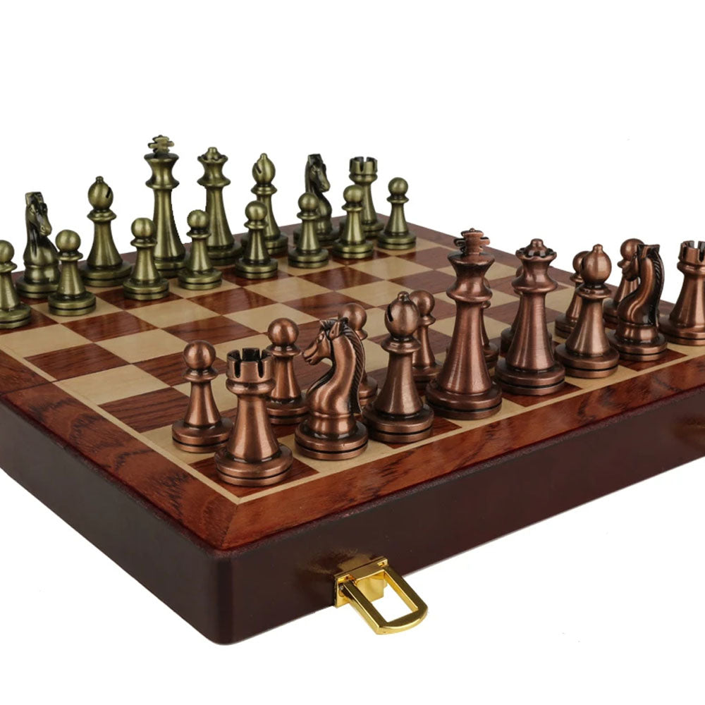 Portable Folding Wooden Chess Board With Metal Pieces - Notbrand