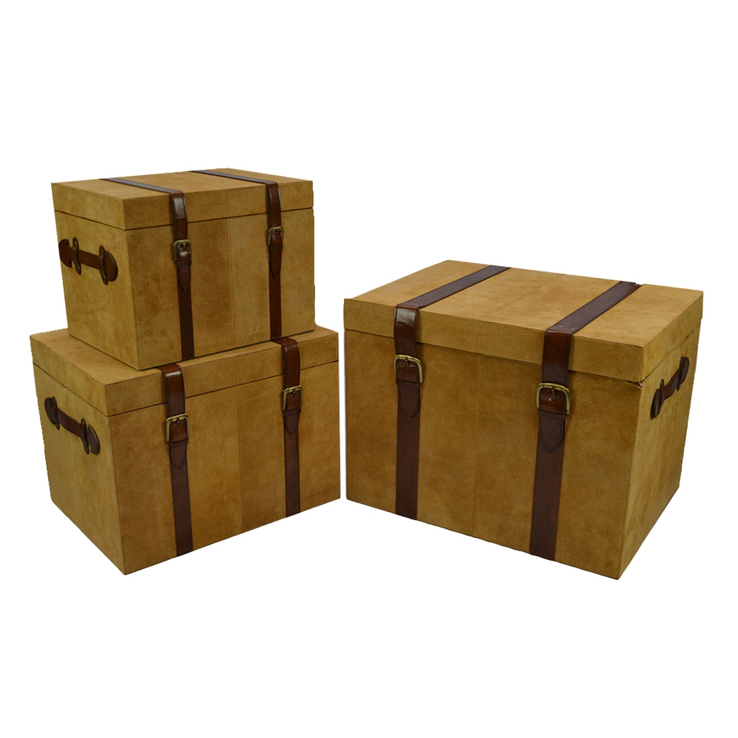 Ioguss Set of 3 Tan Suede Leather Trunk Set - House of Hyne