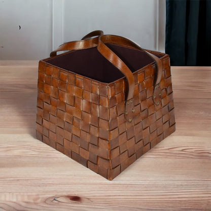 Fanciful Tan Leather Weaving Magazine Basket - Notbrand