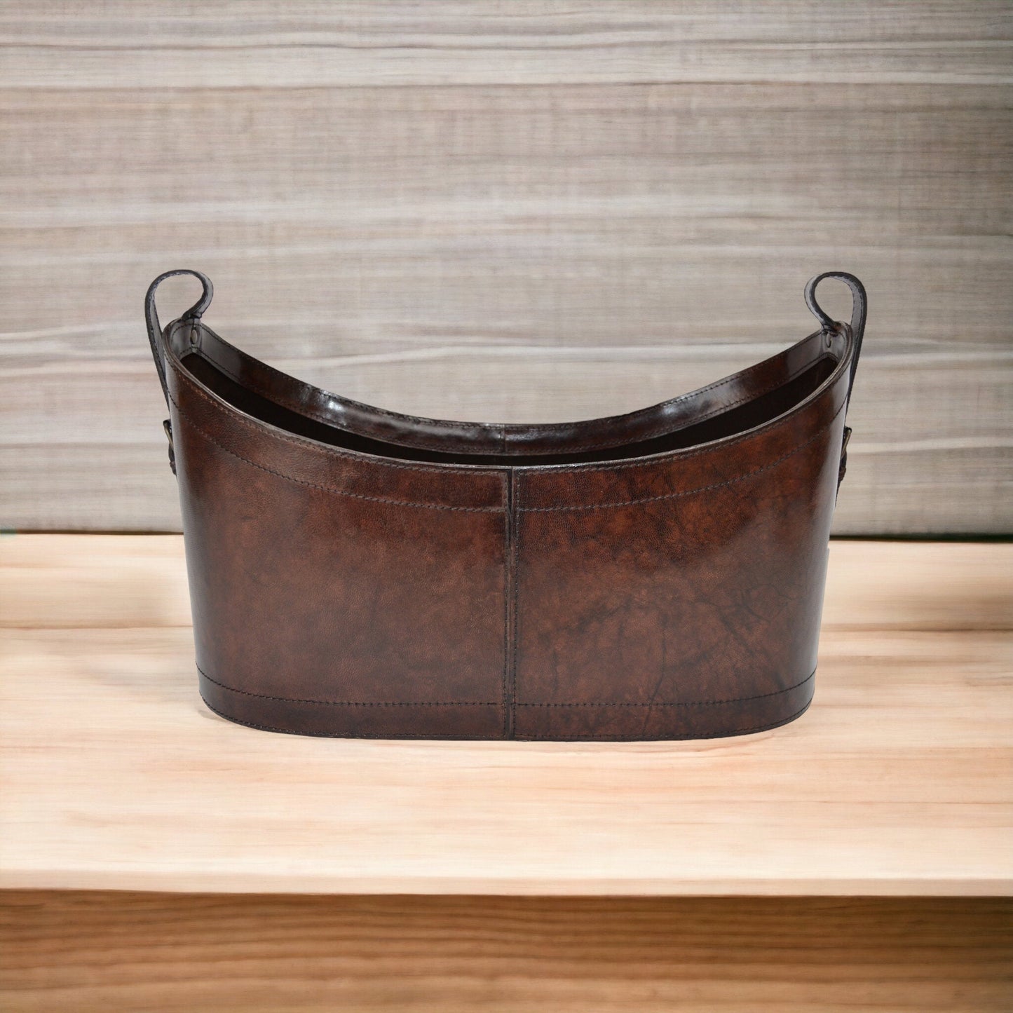 Boat Neck Dark Leather Open Magazine Basket - Notbrand