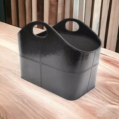 Dwell Black Leather Magazine Basket with Handle - Notbrand