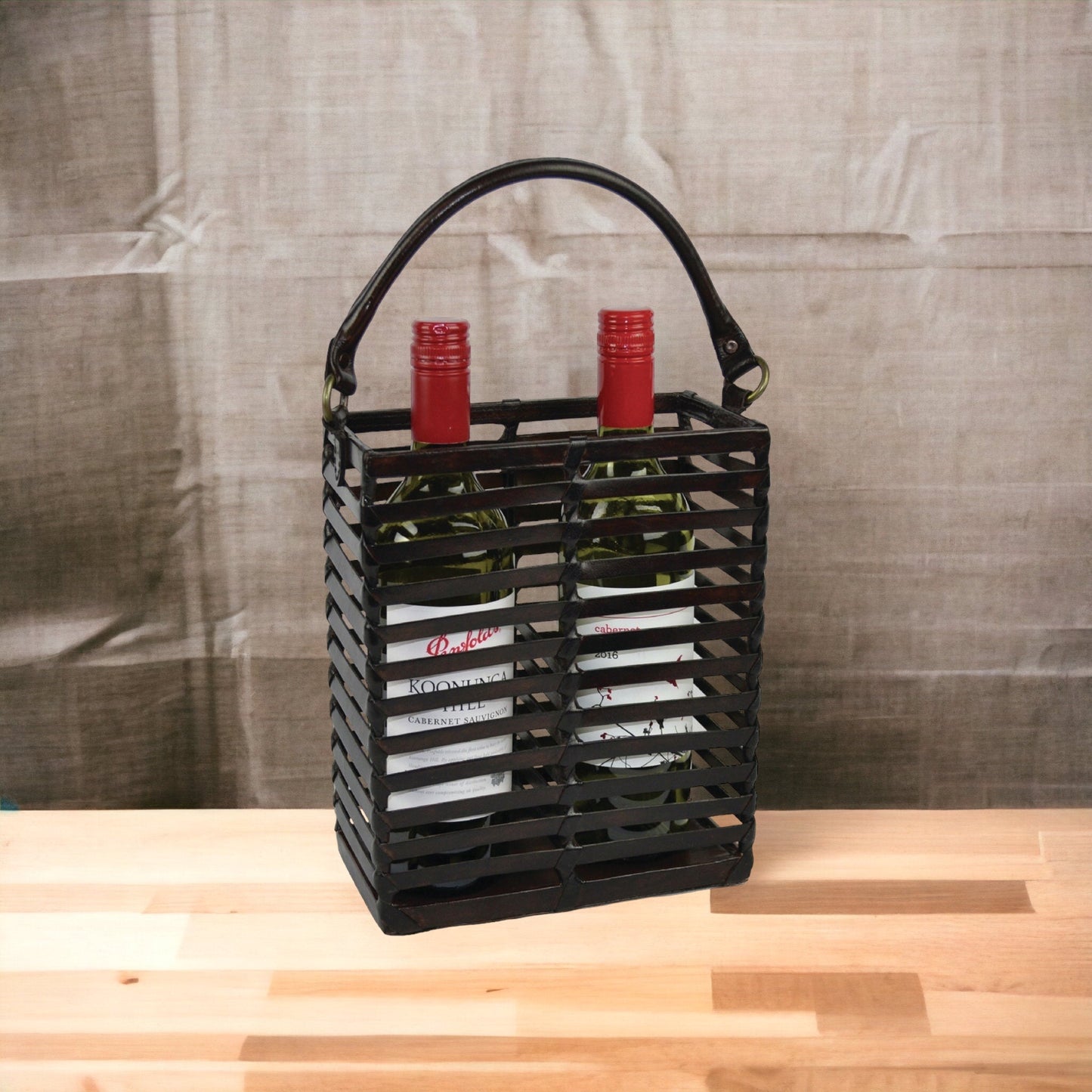 Caged Dark Leather Two Bottle Wine Holder with Handle - Notbrand