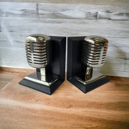 Set of 2 Microphone Bookends - Black Leather-NOTBRAND