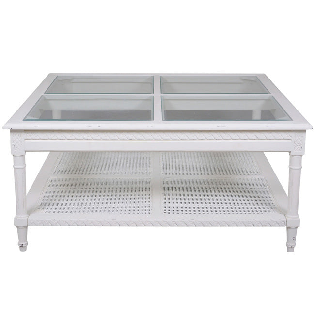 Bayur Square Coffee Table with Rattan Shelf - White  - House of Hyne