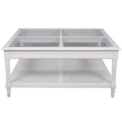 Bayur Square Coffee Table with Rattan Shelf - White  - House of Hyne