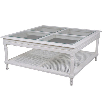 Bayur Square Coffee Table with Rattan Shelf - White  - House of Hyne