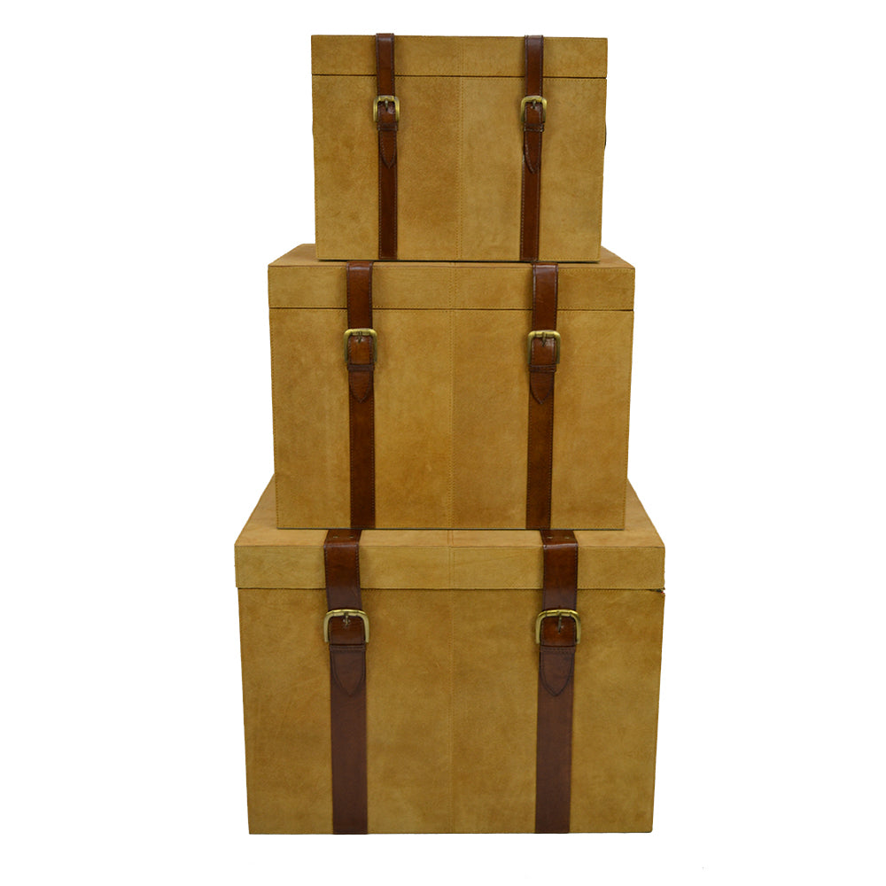 Ioguss Set of 3 Tan Suede Leather Trunk Set - House of Hyne