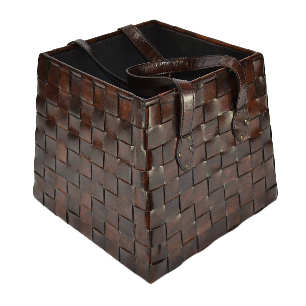 Fanciful Dark Leather Weaving Magazine Basket - Notbrand