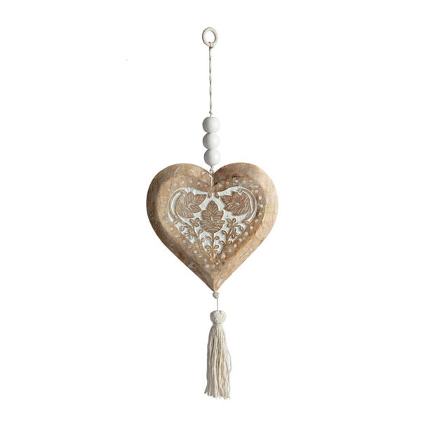 Handcrafted Mango Wood Heart with Beads & Tassle - 73cm - Notbrand