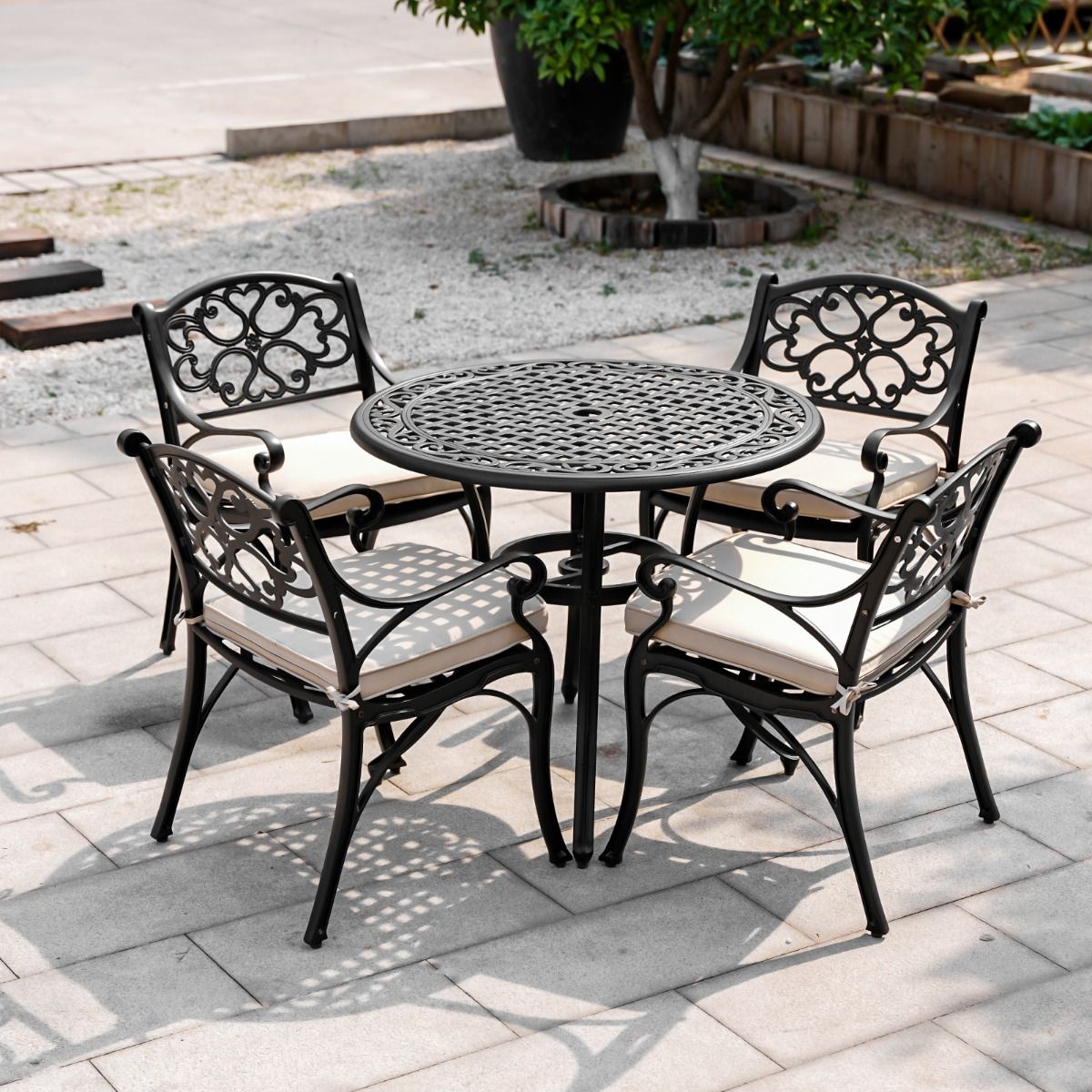 Marco Cast Aluminium Round Outdoor Dining Table Set in Black - 5 Pieces - House of Hyne