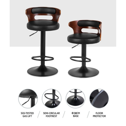 Artiss Wooden Gas Lifted Bar Stools in Black Leather - Set of 2