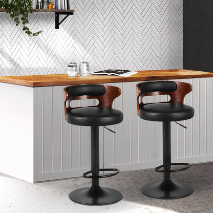 Artiss Wooden Gas Lifted Bar Stools in Black Leather - Set of 2