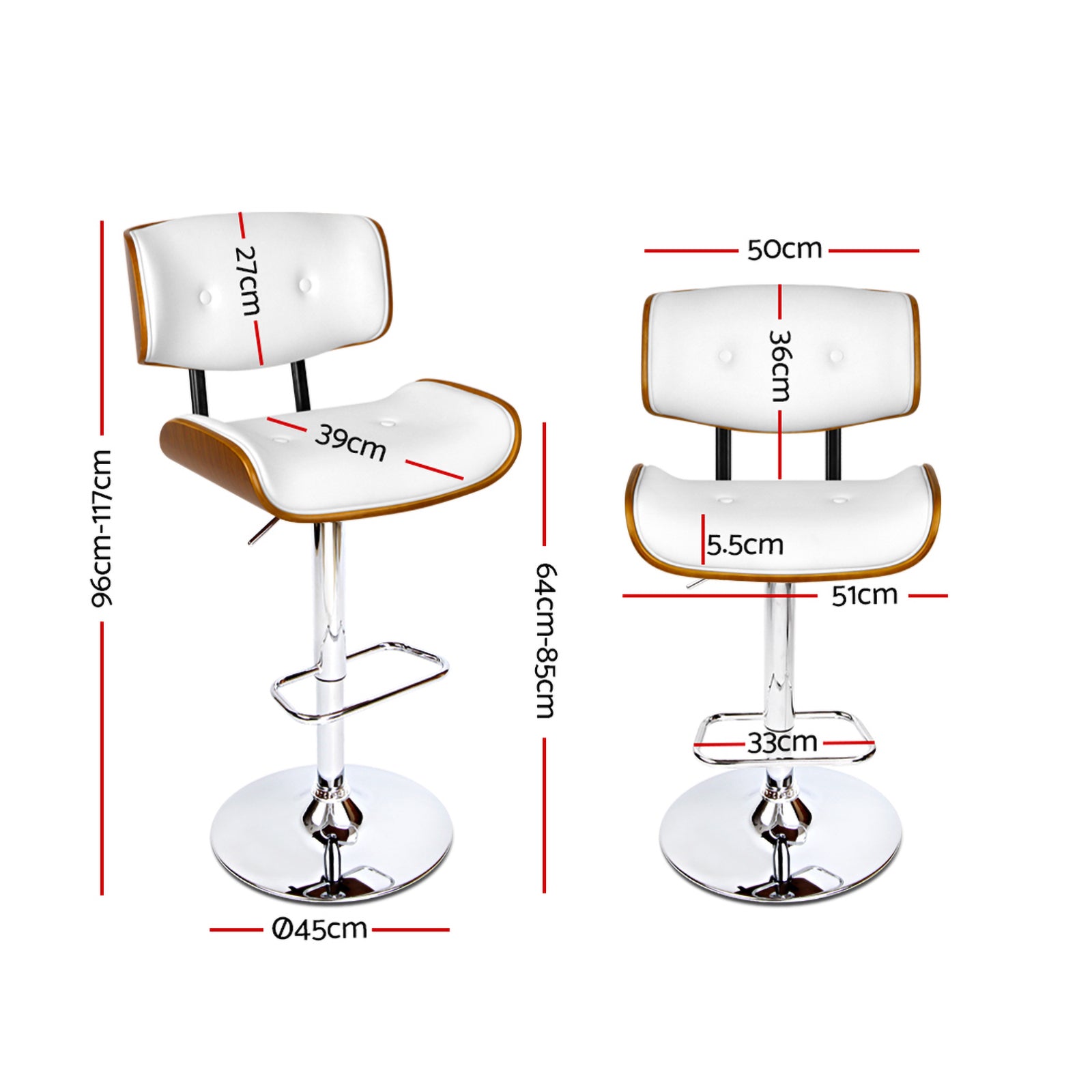 Artiss Set of 2 Wooden Gas Lift Bar Stool - White and Chrome - Notbrand