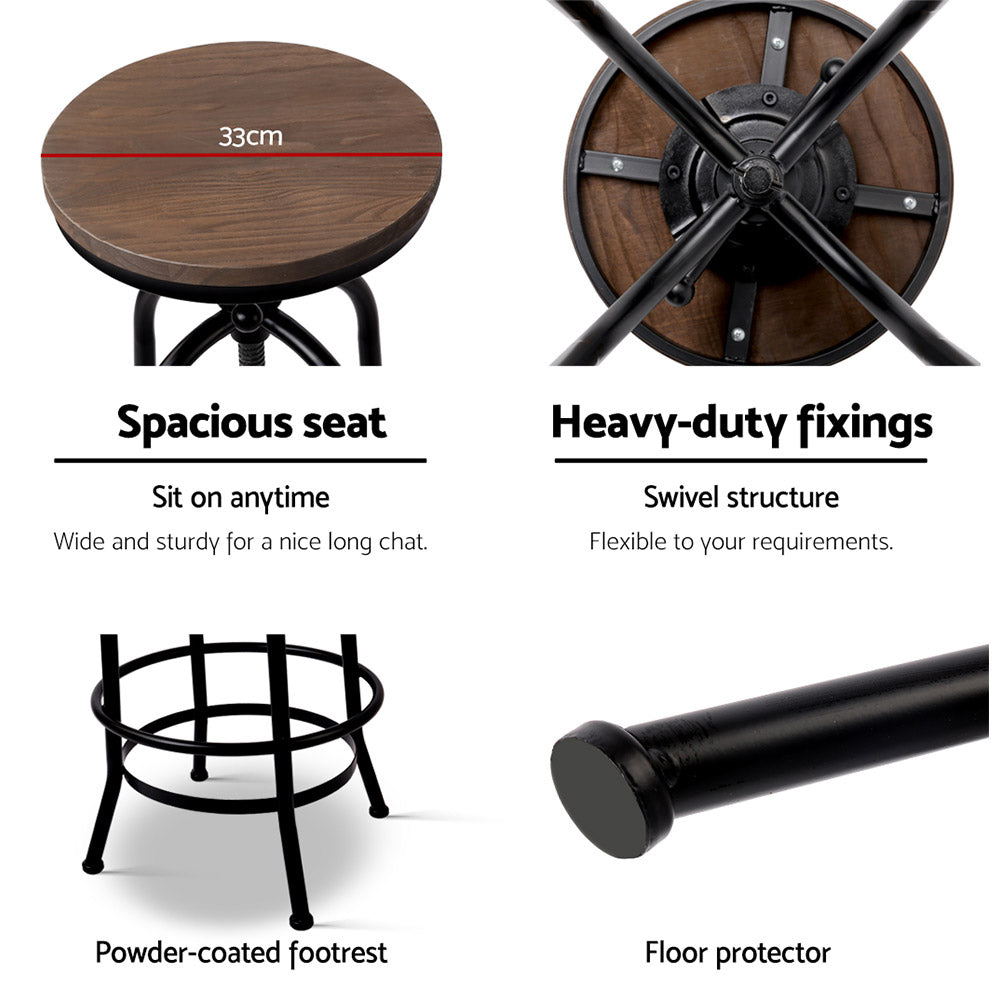 Artiss Set of 2 Bar Stool Industrial Round Seat Wood Metal - Black and Brown - Notbrand