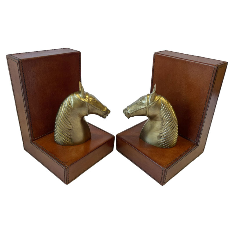 Set of 2 Horse Figurine Bookends - Tan Leather - Notbrand