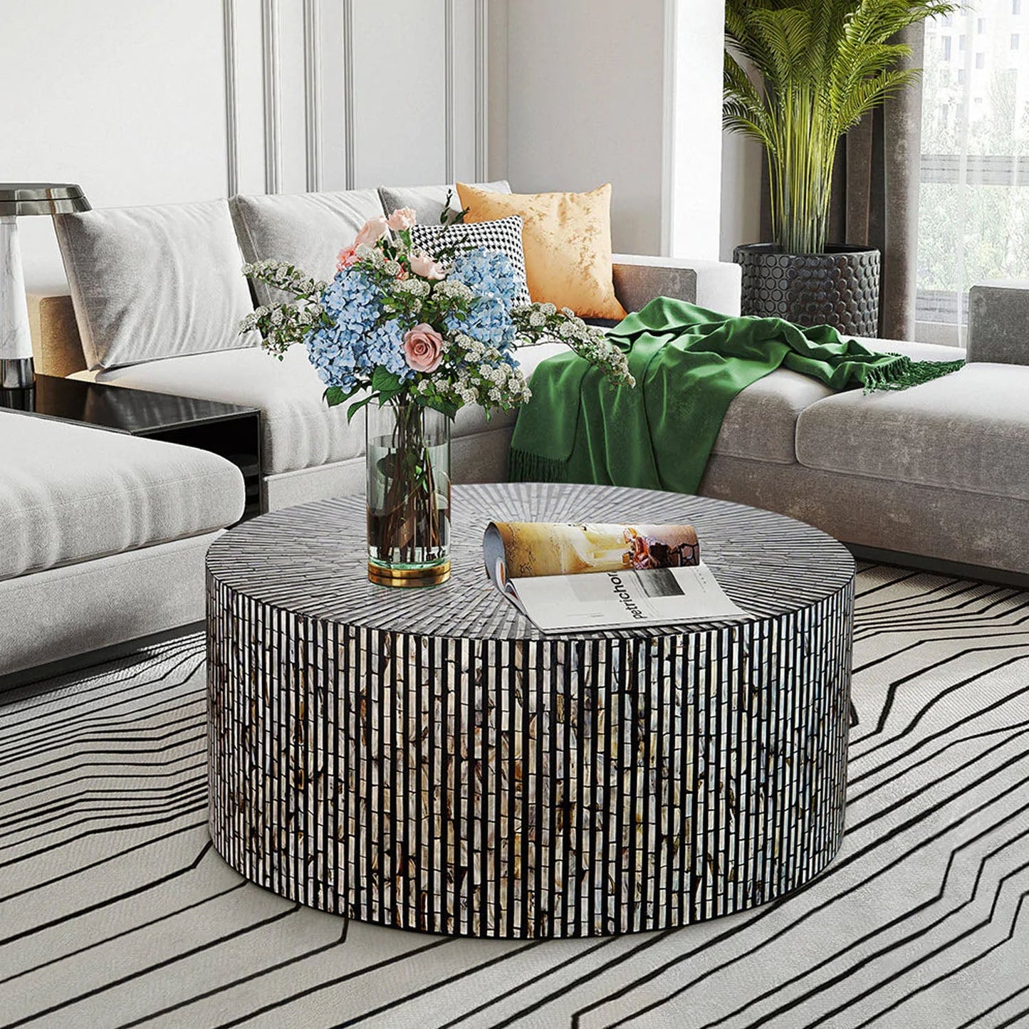 Nalia Cordelia Round Coffee Table in Black & White with Mother Of Pearl - HouseofHyne