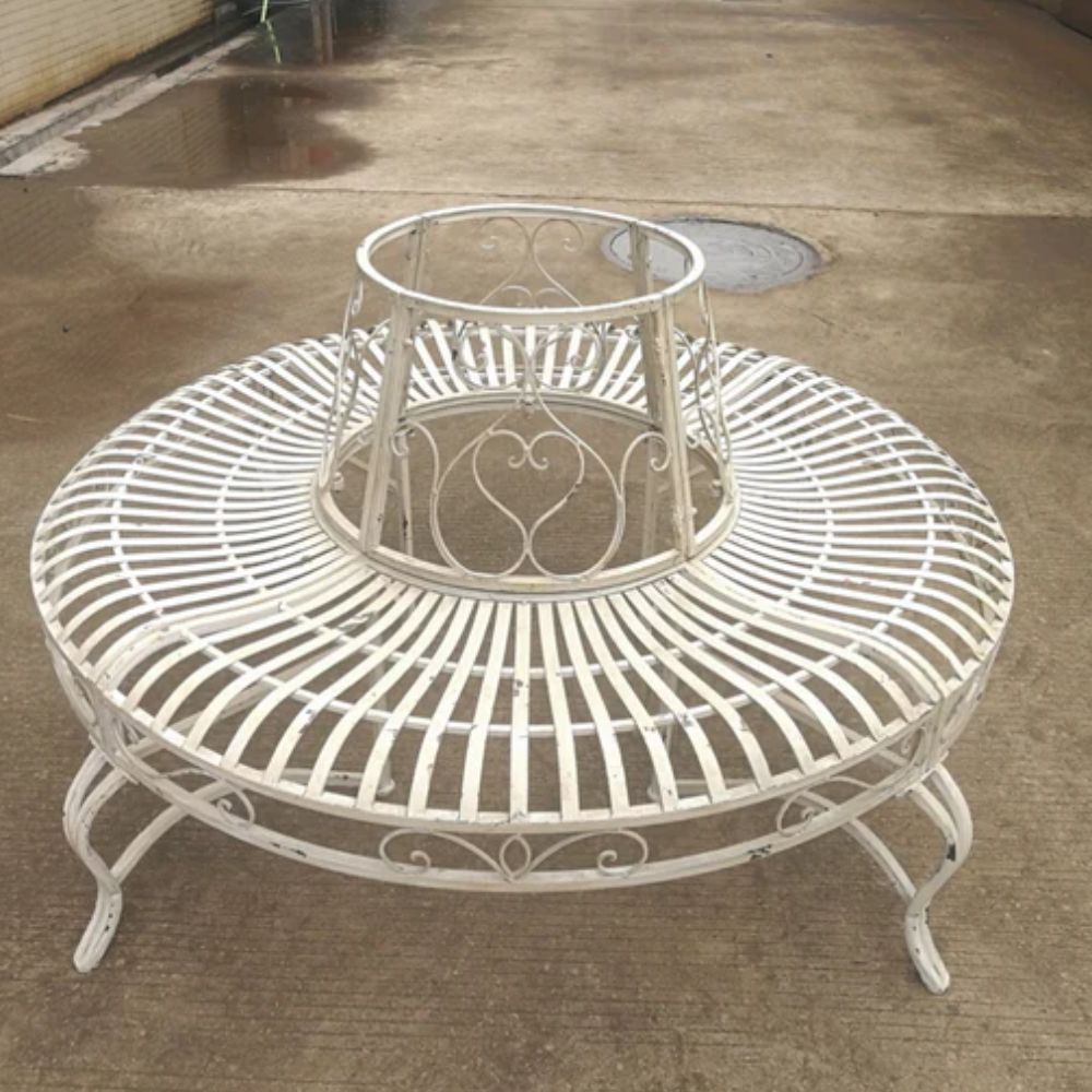 Brushed Cream Tree Surround Iron Bench - HoueofHyne