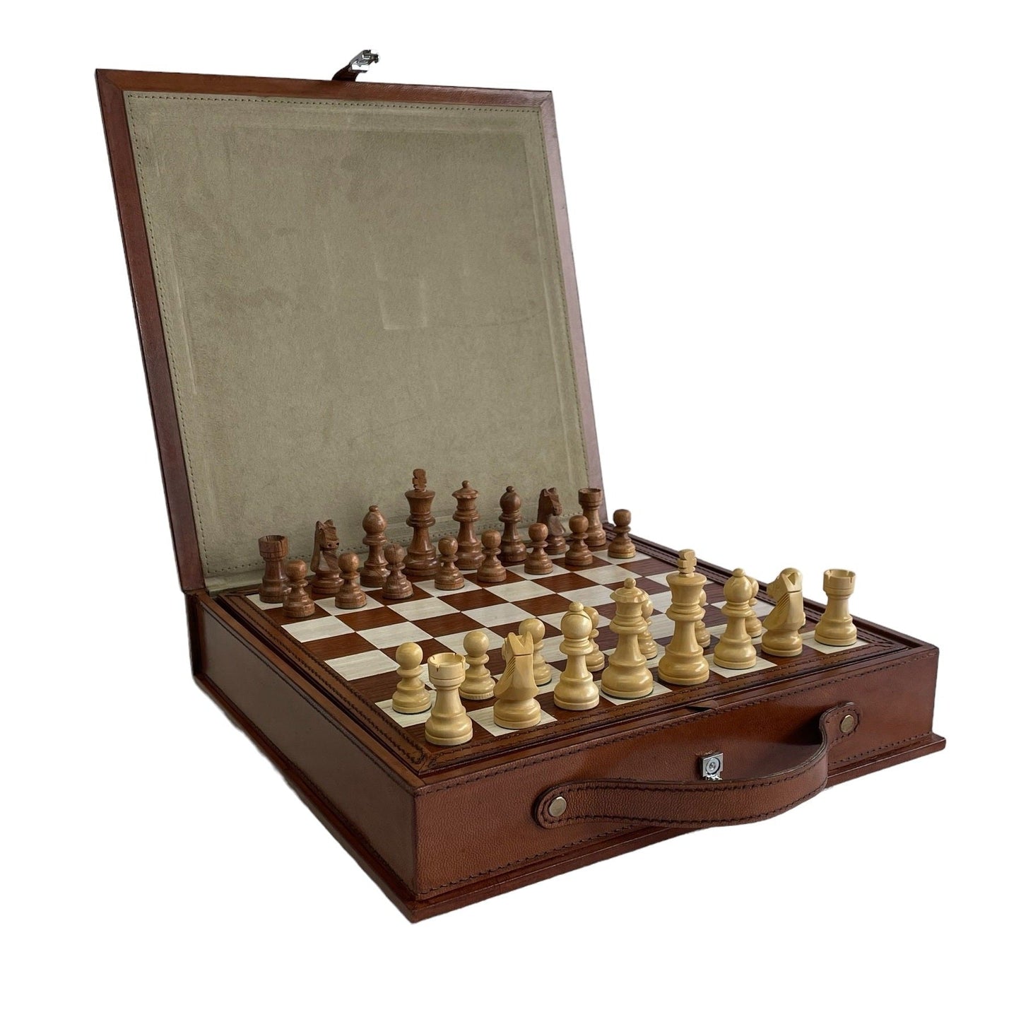 Leather Chess Set Box With Wooden Pieces