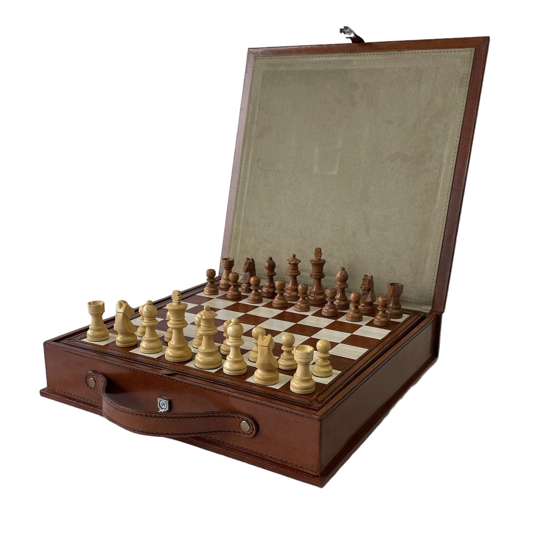 Leather Chess Set Box With Wooden Pieces