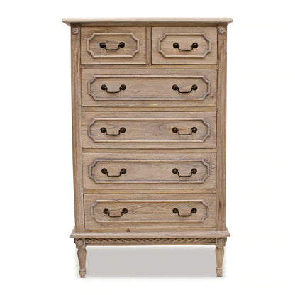 Marseille Mindy Wood 6 Drawer French Tallboy - Weathered Oak - House of Hyne