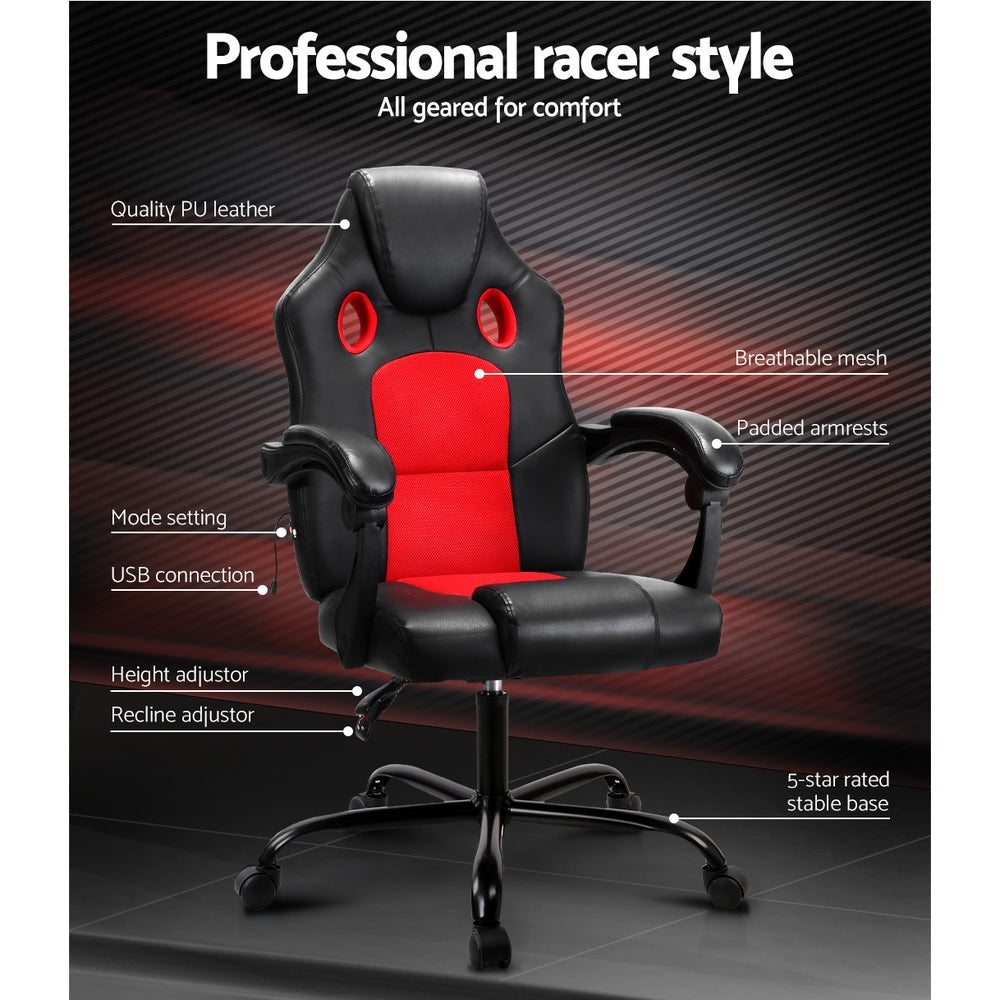 Artiss Massage Office Chair Gaming Computer Seat Recliner Racer Red - Notbrand