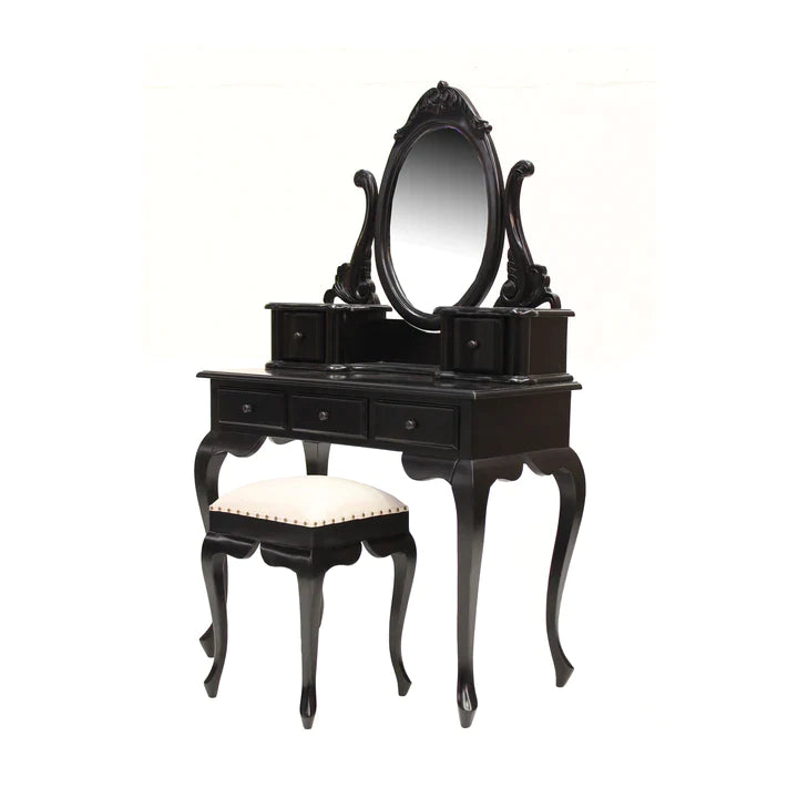 Paris Mindy Wood Dressing Table With Stool - Black  - House of Hyne