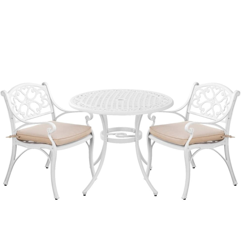 Marco Cast Aluminium Round Outdoor Dining Table Set in White - 3 Pieces - House of Hyne