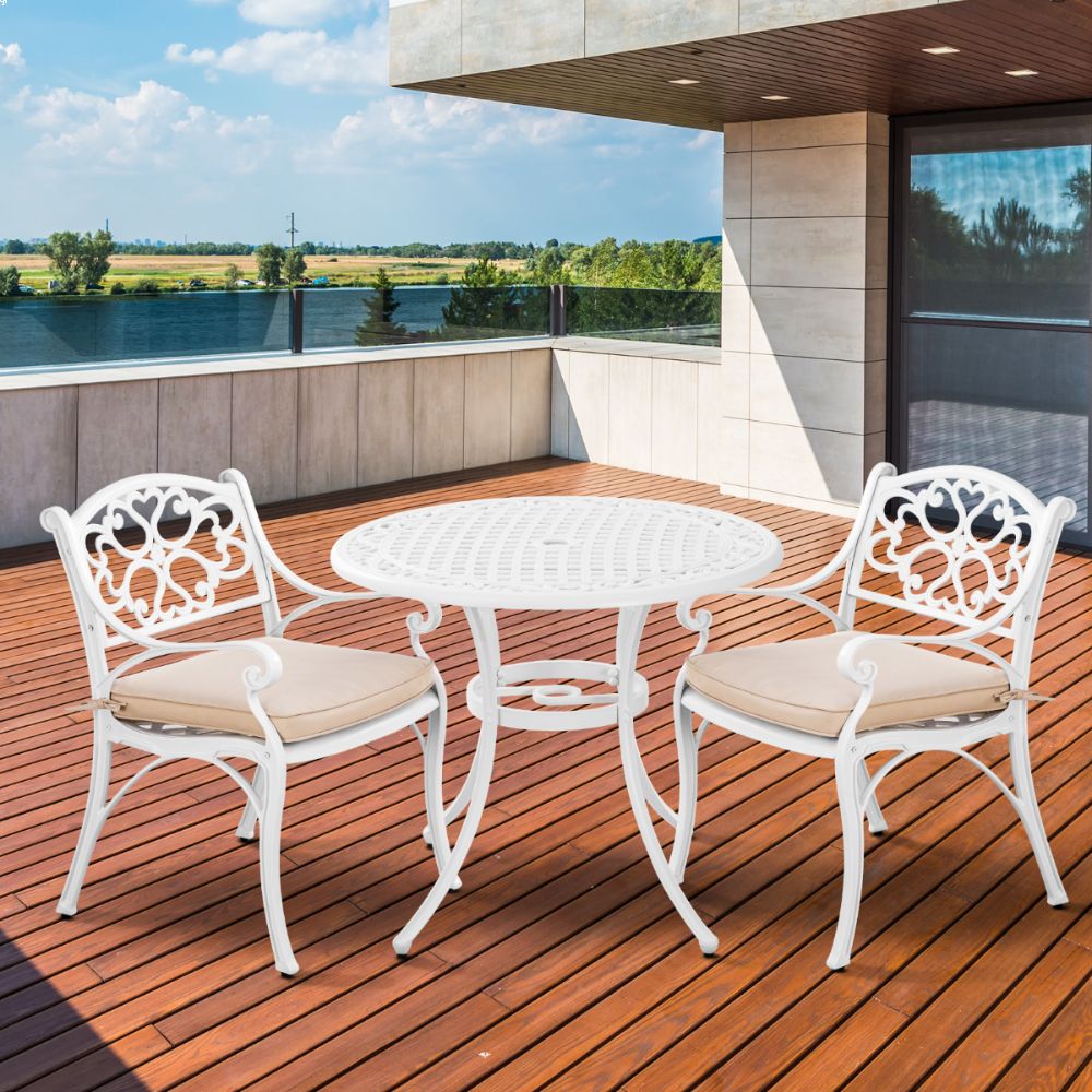 Marco Cast Aluminium Round Outdoor Dining Table Set in White - 3 Pieces - House of Hyne