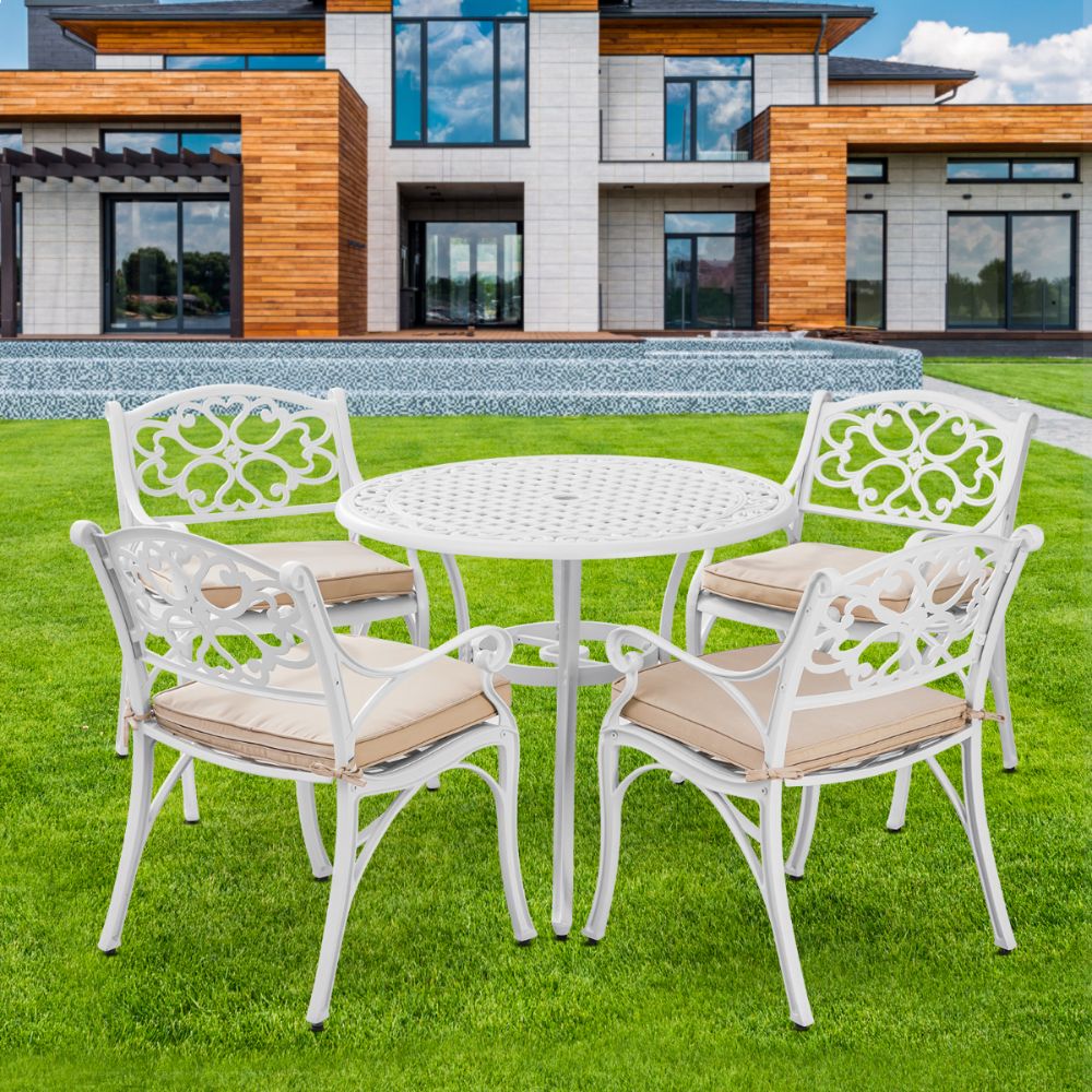 Marco Cast Aluminium Round Outdoor Dining Table Set in White - 5 Pieces - House of Hyne