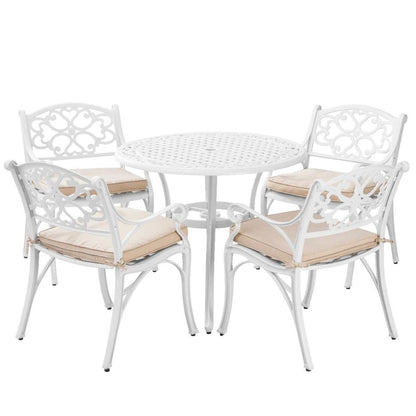 Marco Cast Aluminium Round Outdoor Dining Table Set in White - 5 Pieces - House of Hyne