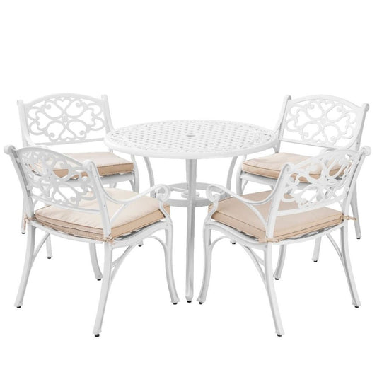 Marco Cast Aluminium Round Outdoor Dining Table Set in White - 5 Pieces - NotBrand