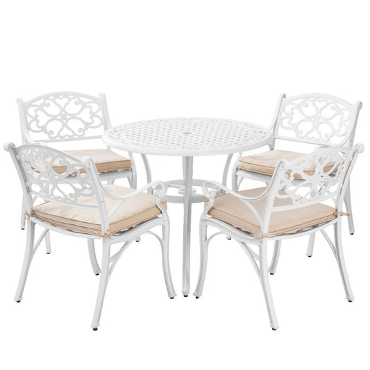 Marco Cast Aluminium Round Outdoor Dining Table Set in White - 5 Pieces - House of Hyne