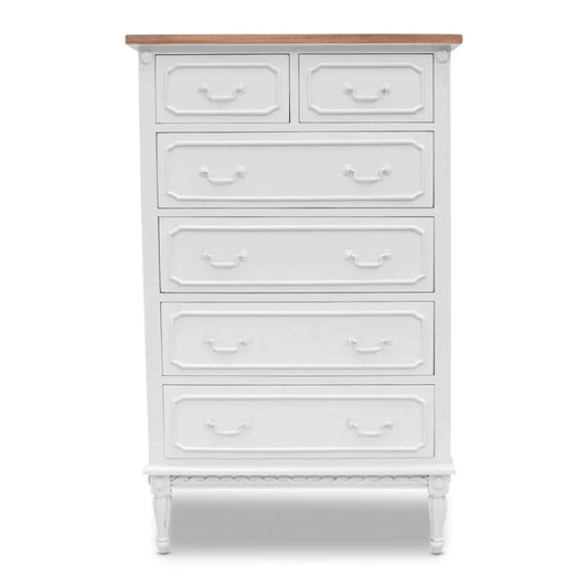 Marseille Mindy Wood 6 Drawer French Tallboy - White - House of Hyne