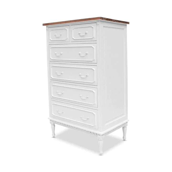 Marseille Mindy Wood 6 Drawer French Tallboy - White - House of Hyne