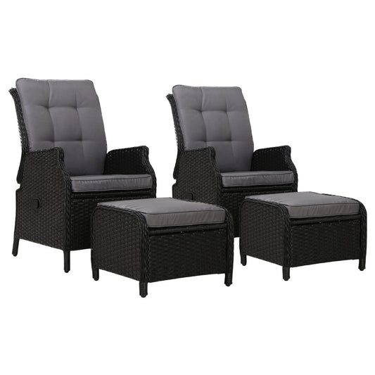 Vitalian Set of 2 Outdoor lounge Patio Recliner Chairs - Wicker Black - Notbrand