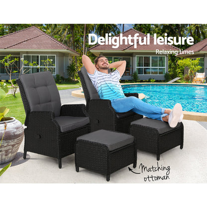 Vitalian Set of 2 Outdoor lounge Patio Recliner Chairs - Wicker Black - Notbrand