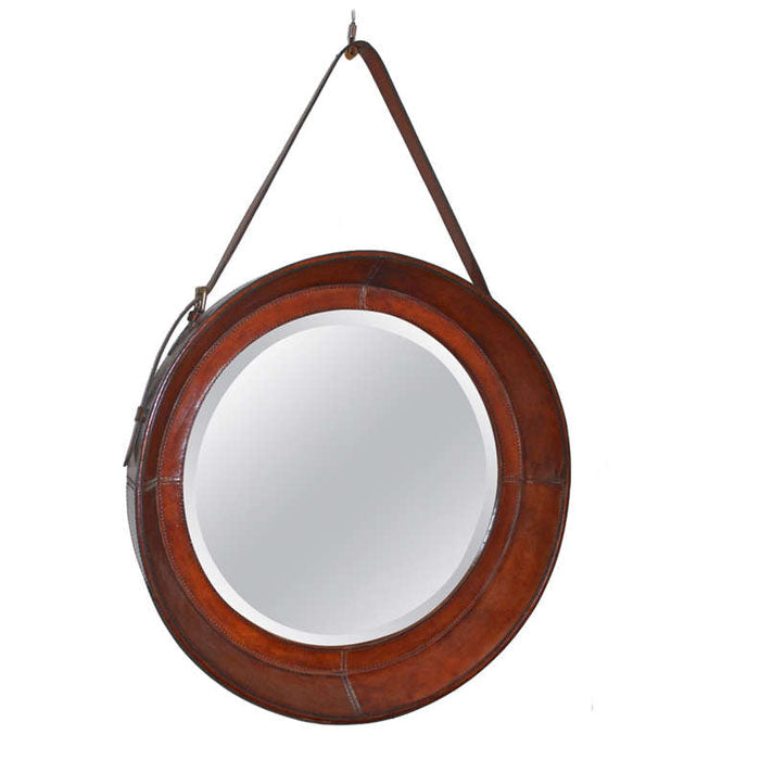 Round Mirror with Tan Leather Border - Notbrand