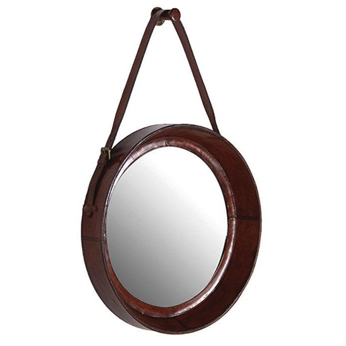 Round Mirror with Dark Leather Border - Notbrand