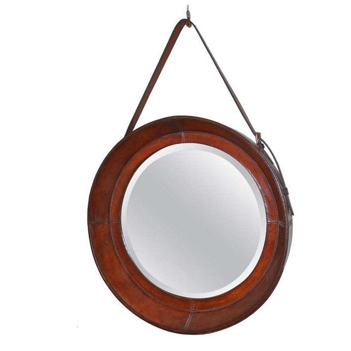 Round Mirror with Tan Leather Border - Notbrand