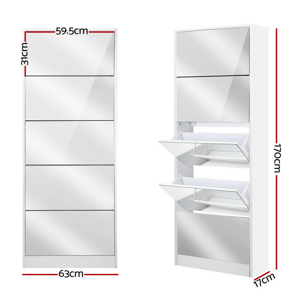 Artiss 5 Drawer Wooden Shoe Cabinet with Mirror - White - Notbrand