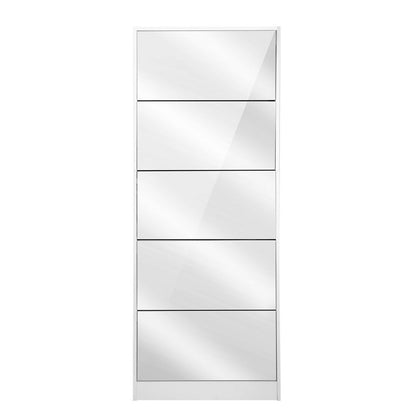 Artiss 5 Drawer Wooden Shoe Cabinet with Mirror - White - Notbrand