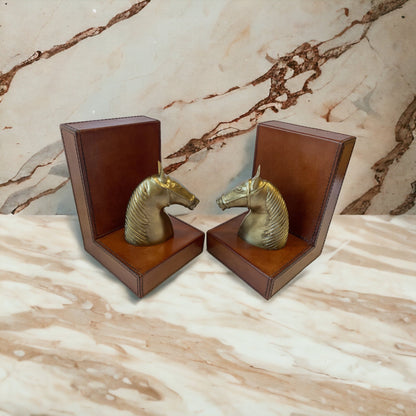 Set of 2 Horse Figurine Bookends - Tan Leather - Notbrand