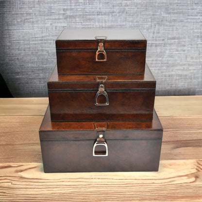 Agabe Set of 3 Leather Boxes with Stirrups - Dark