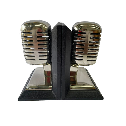 Set of 2 Microphone Bookends - Black Leather-NOTBRAND