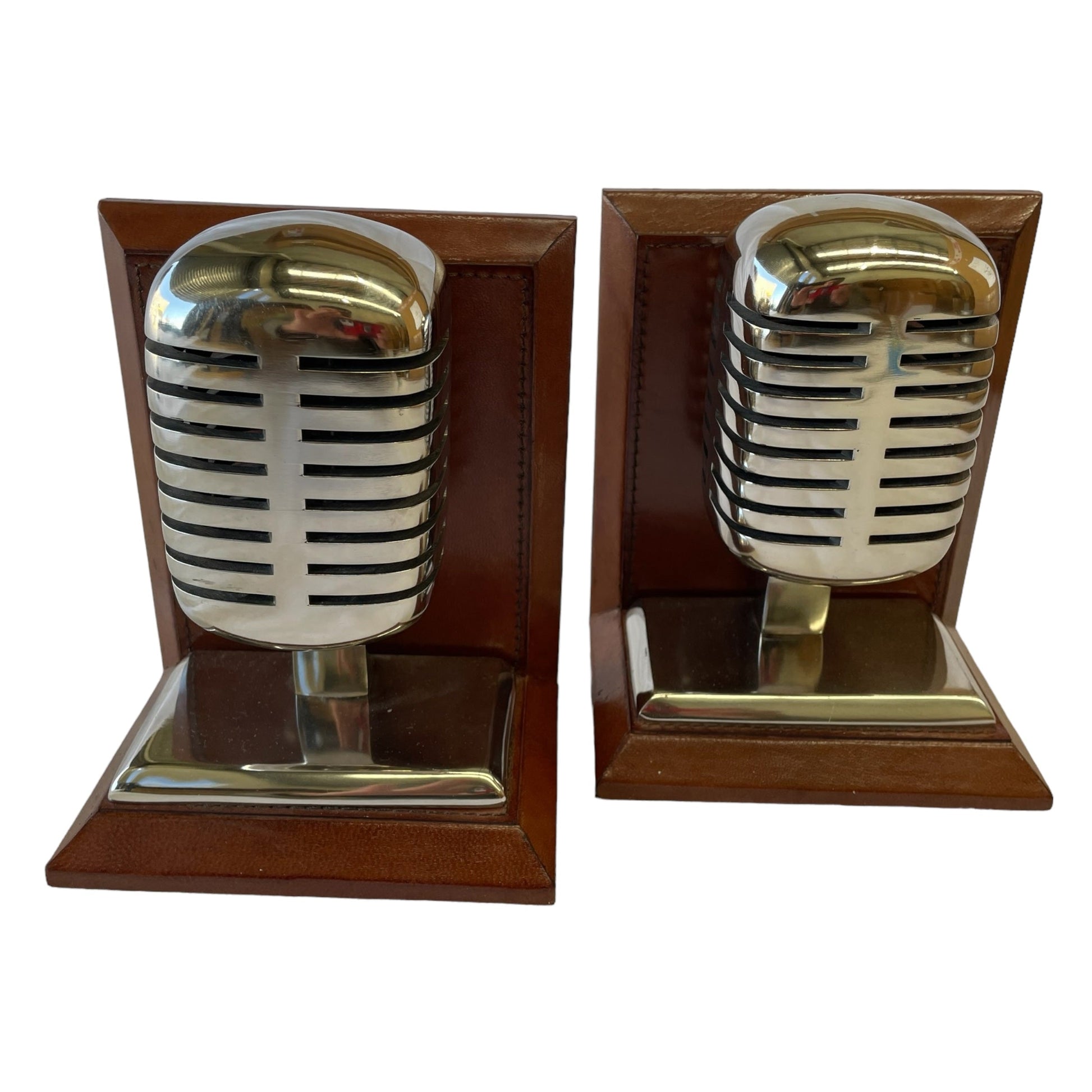 Set of 2 Microphone Bookends - Tan Leather