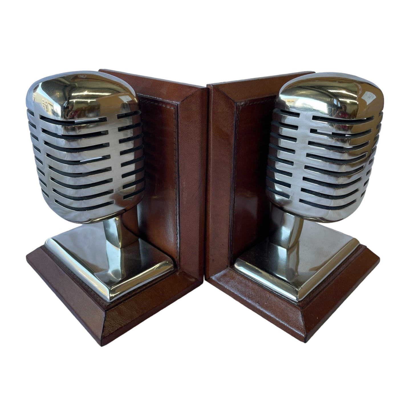 Set of 2 Microphone Bookends - Tan Leather